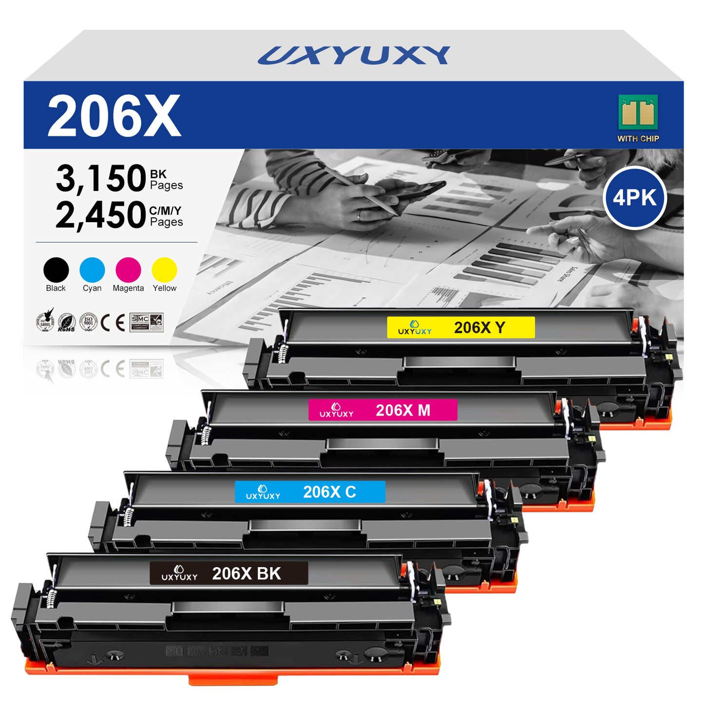 206X Toner Cartridge with Chip Compatible for HP 206A 206X W2110X W2110A for HP Color laserjet Pro MFP M283fdw M283cdw M282nw M255dw M255 M283 Printer (Black Cyan Magenta Yellow, 4 Pack)