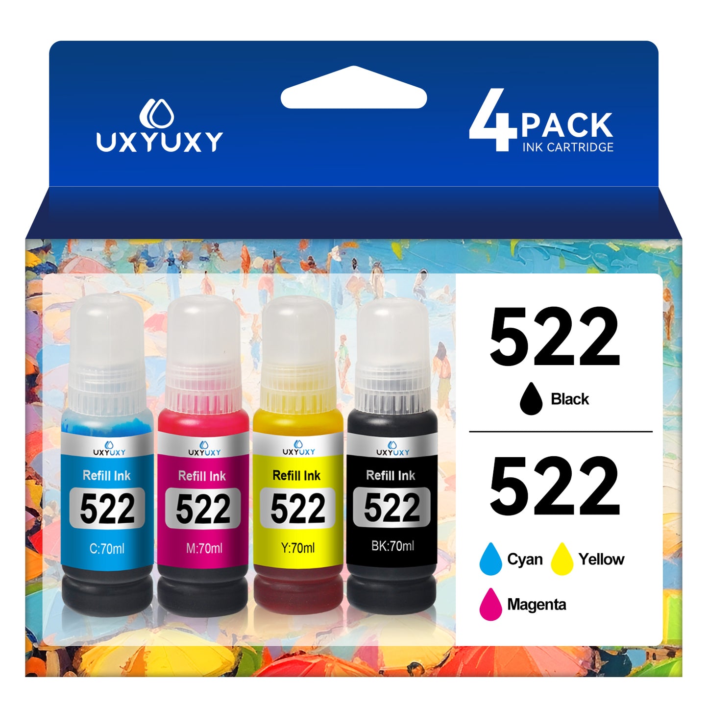 522 T522 Ink Bottle replacement for Epson 522 T522 Refill Ink 522 Bottle of Ink for EcoTank ET-2720 ET-4700 ET-2800 ET-2803 ET-4800 Printer (Black, Cyan, Magenta, Yellow, 4Pack)