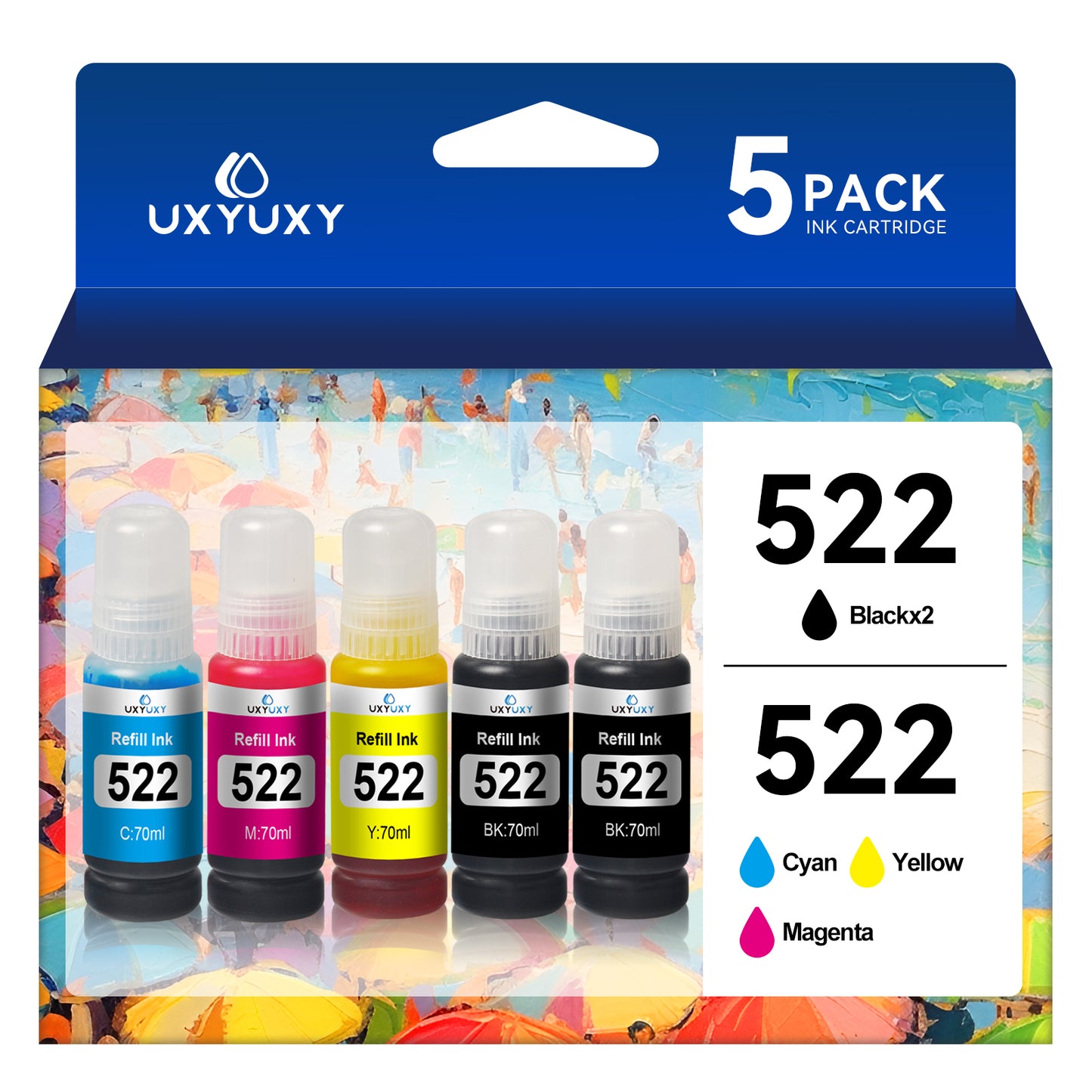 522 T522 Ink Bottle replacement for Epson 522 T522 Refill Ink 522 Bottle of Ink for EcoTank ET-2720 ET-4700 ET-2800 ET-2803 ET-4800 Printer (2Black, 1Cyan, 1Magenta, 1Yellow, 5Pack)